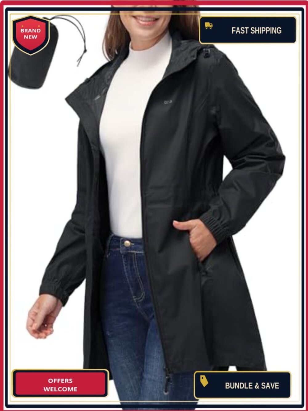 Women's Waterproof Long Raincoat Packable Jacket with Hood